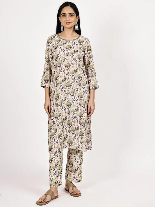 Grey Floral print Kurta with pant - The Bebla