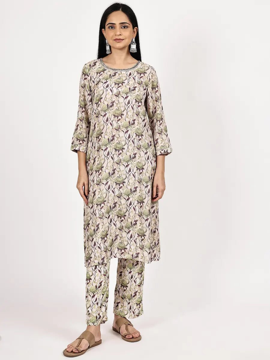 Grey Floral print Kurta with pant