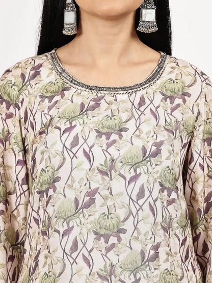 Grey Floral print Kurta with pant - The Bebla