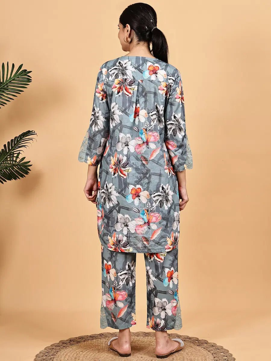 Grey Floral Printed Co - Ord Set - The Bebla