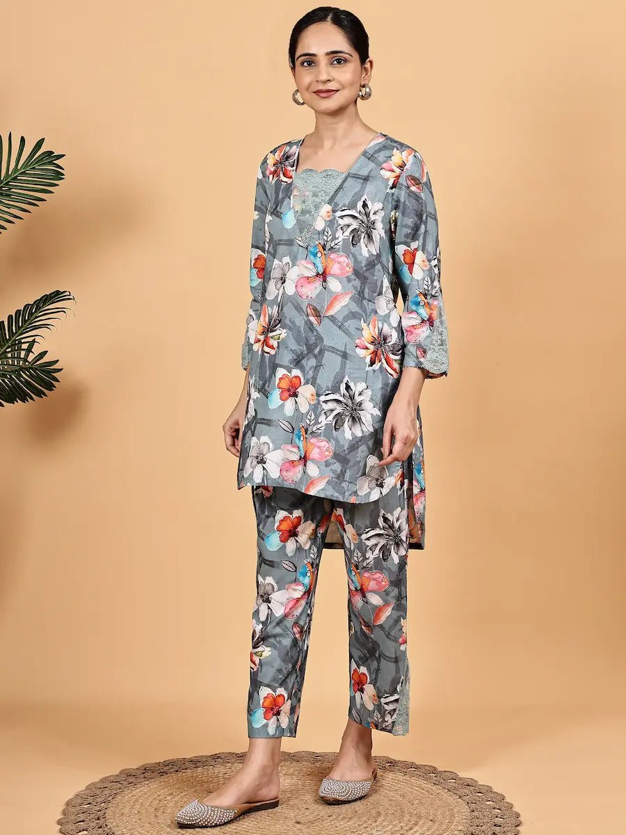 Grey Floral Printed Co - Ord Set - The Bebla