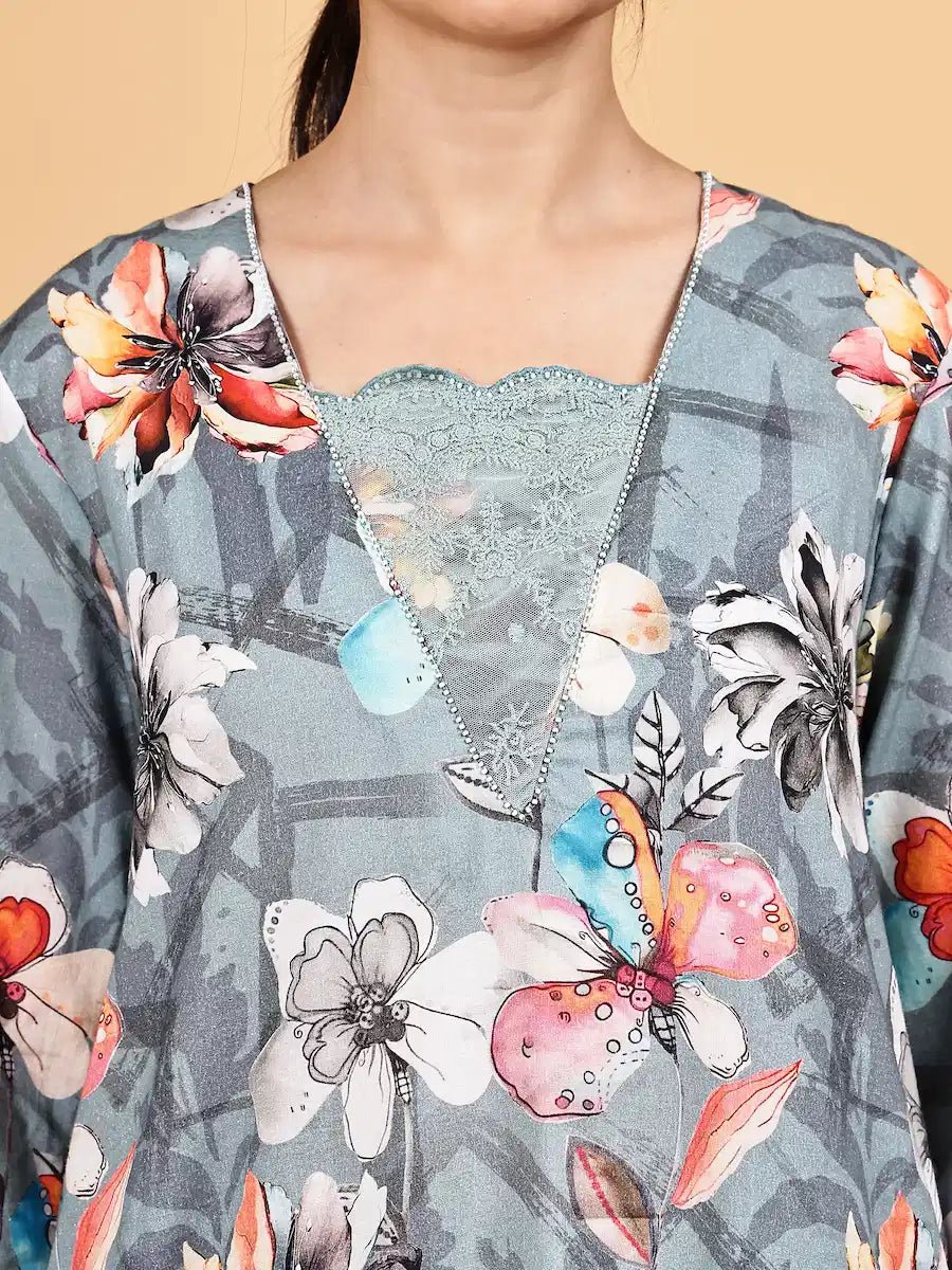 Grey Floral Printed Co - Ord Set - The Bebla