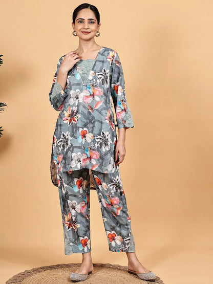 Grey Floral Printed Co - Ord Set - The Bebla