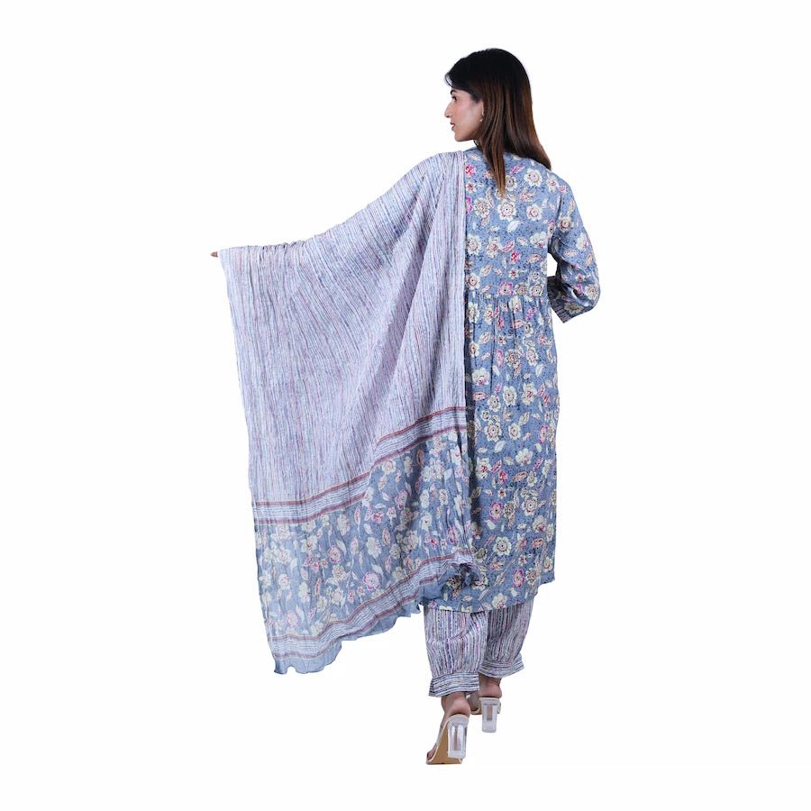 Grey Printed Kurta Set Three Piece Set - The Bebla