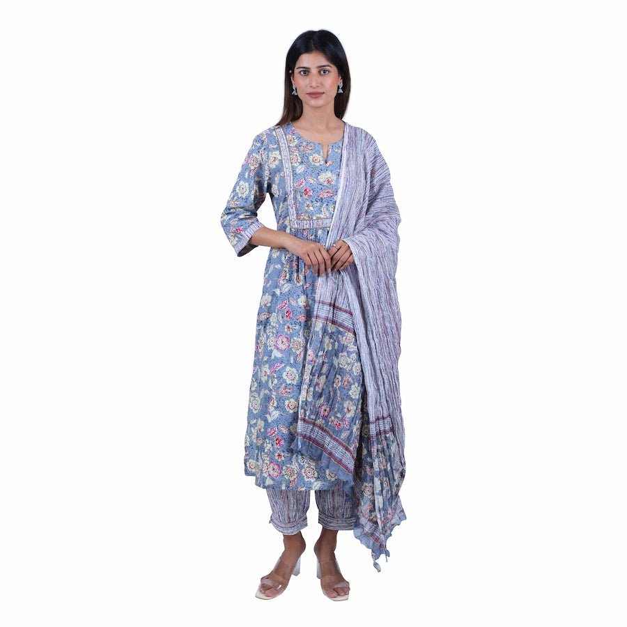 Grey Printed Kurta Set Three Piece Set - The Bebla