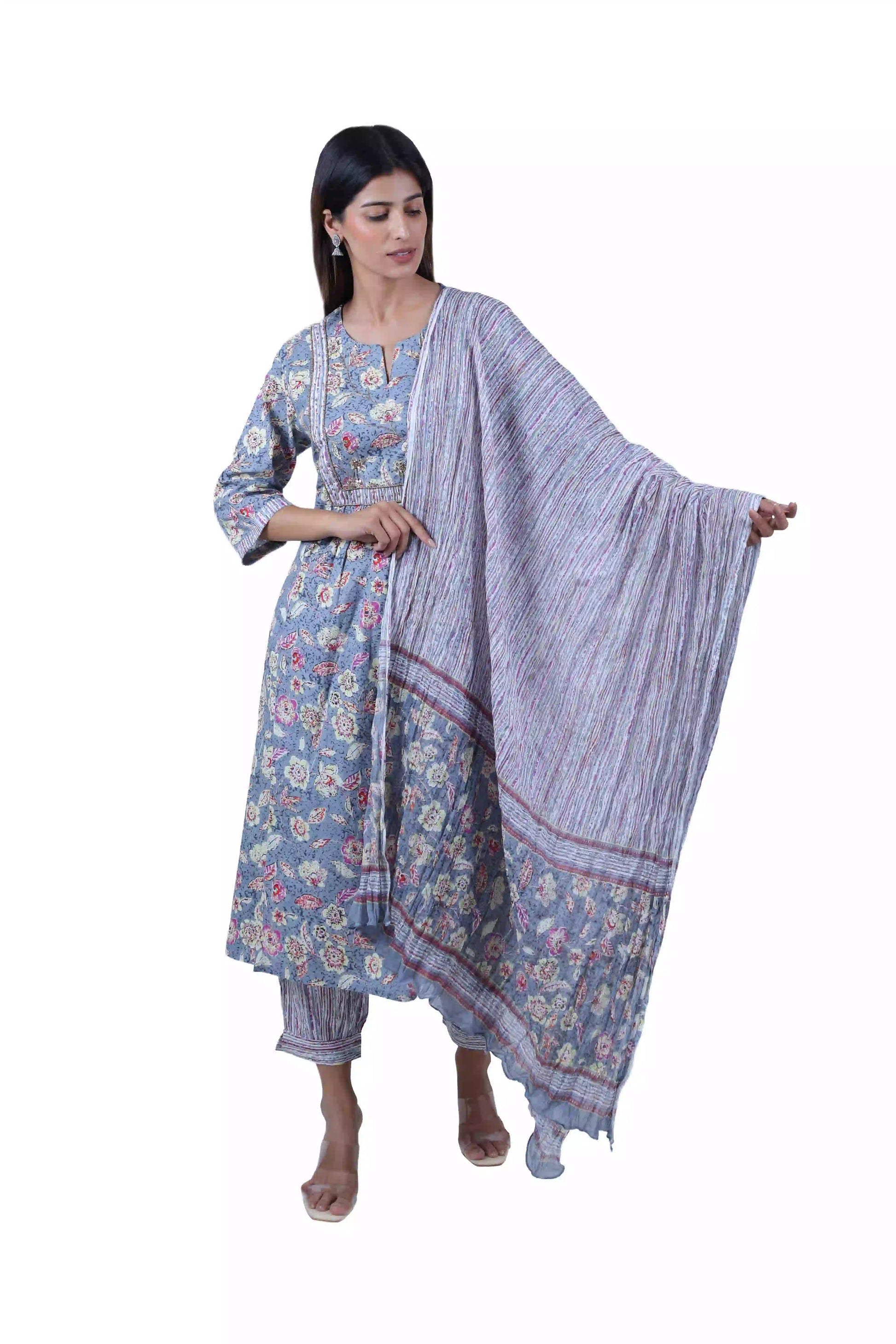Grey Printed Kurta Set Three Piece Set - The Bebla