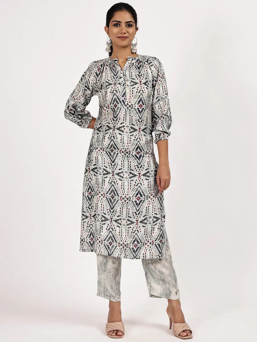 Grey Printed Kurta Set with Pants - The Bebla