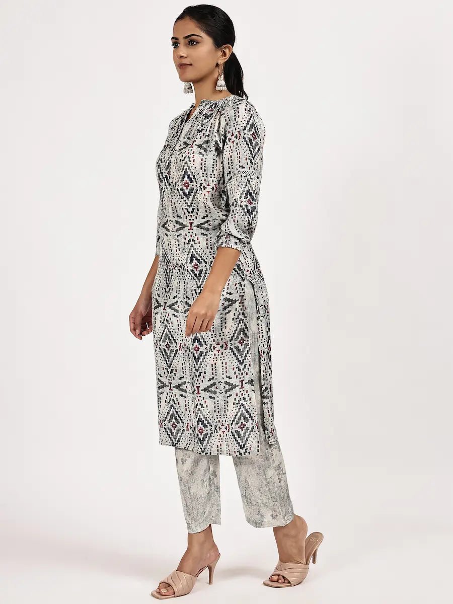 Grey Printed Kurta Set with Pants - The Bebla