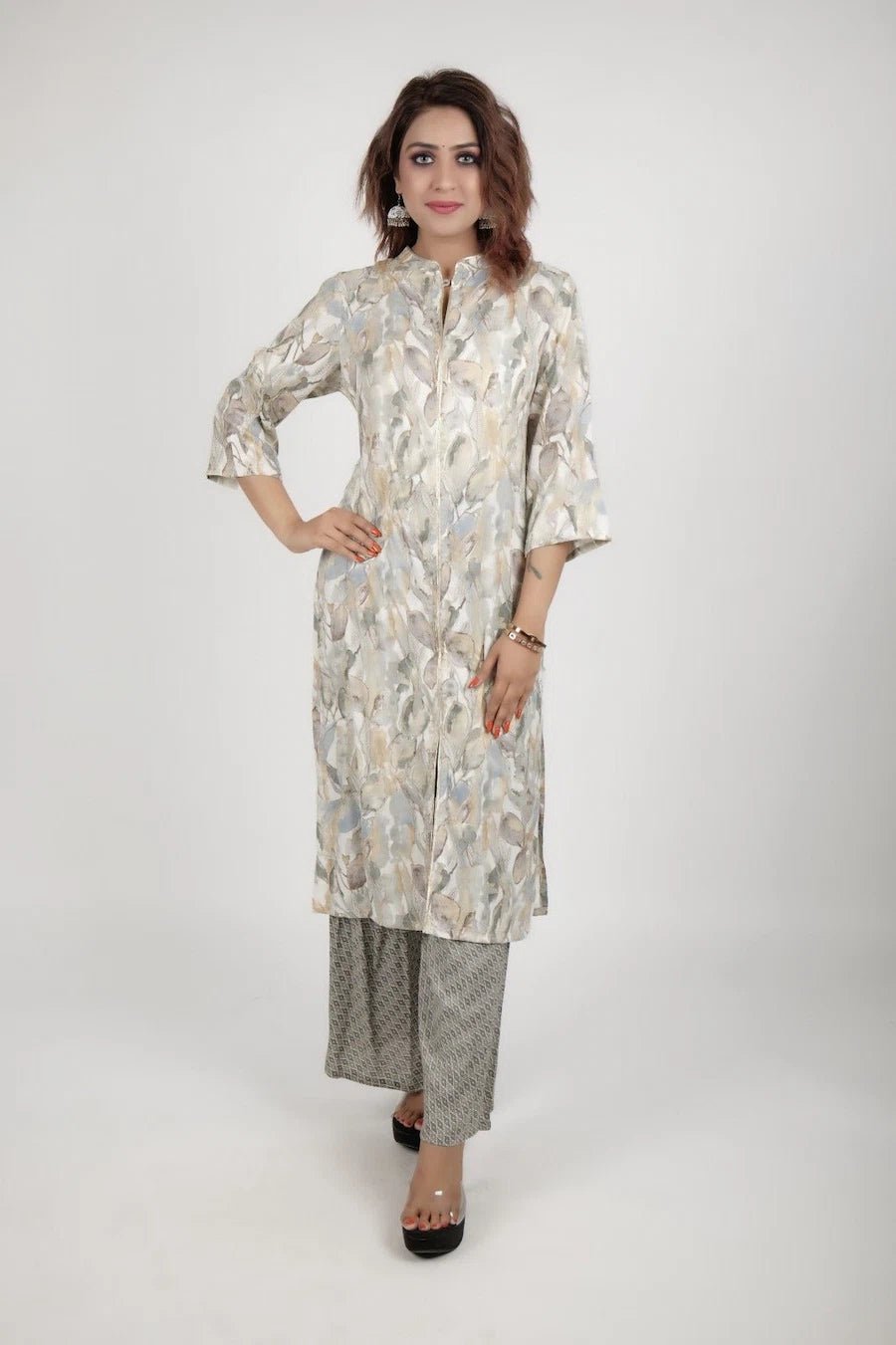 Grey white printed kurta along with straight pants - The Bebla