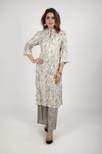 Grey white printed kurta along with straight pants - The Bebla