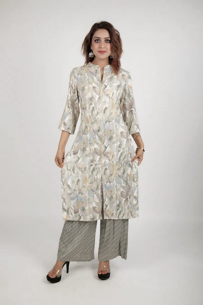 Grey white printed kurta along with straight pants - The Bebla