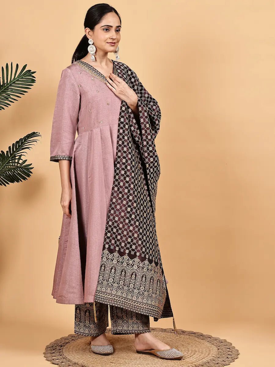 Kurta Dupatta Set – Mauve Silk Blend Kurta with Jacquard Pants & Dupatta - The Bebla