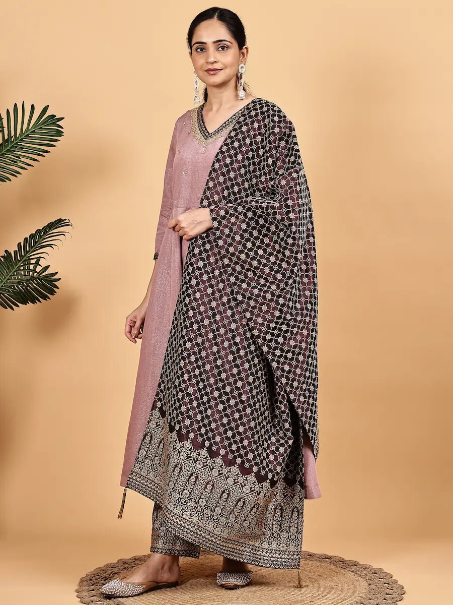 Kurta Dupatta Set – Mauve Silk Blend Kurta with Jacquard Pants & Dupatta - The Bebla