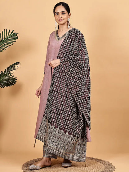 Kurta Dupatta Set – Mauve Silk Blend Kurta with Jacquard Pants & Dupatta - The Bebla