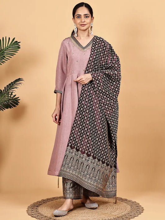 Kurta Dupatta Set – Mauve Silk Blend Kurta with Jacquard Pants & Dupatta - The Bebla