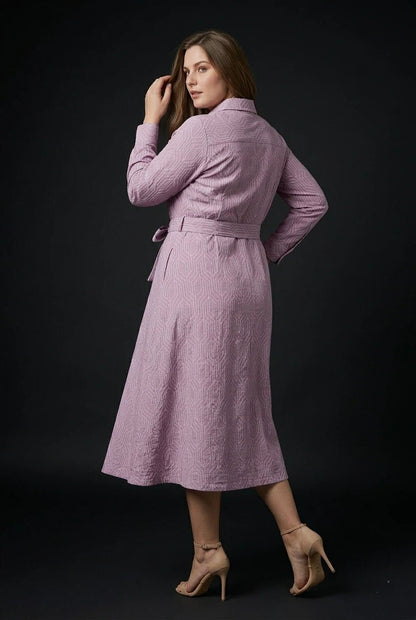 Lavender Geometric Printed Tie - Up Midi Shirt Dress - The Bebla