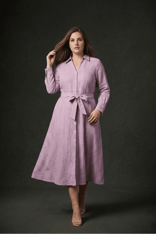 Lavender Geometric Printed Tie-Up Midi Shirt Dress