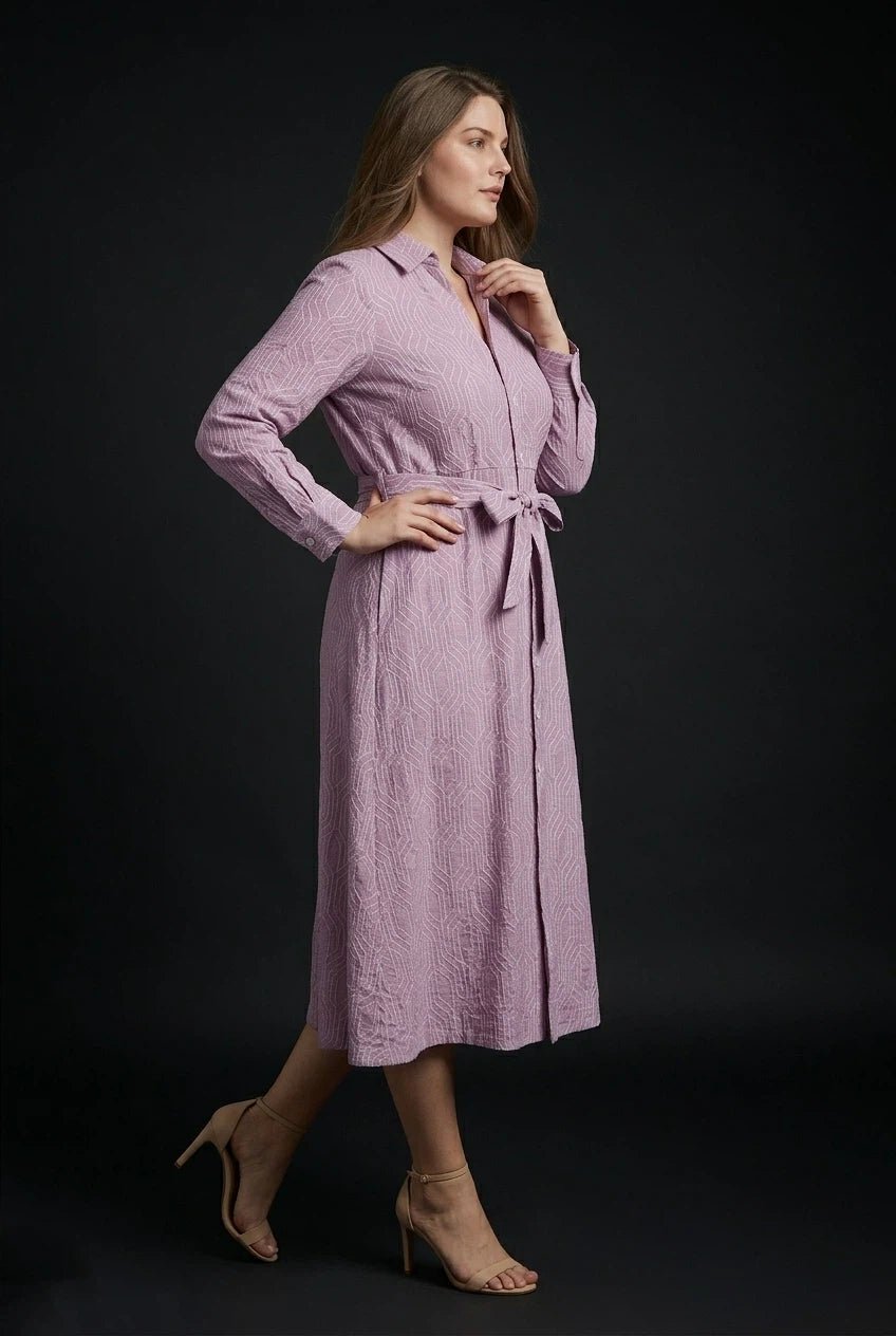 Lavender Geometric Printed Tie - Up Midi Shirt Dress - The Bebla