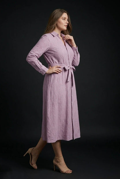 Lavender Geometric Printed Tie - Up Midi Shirt Dress - The Bebla