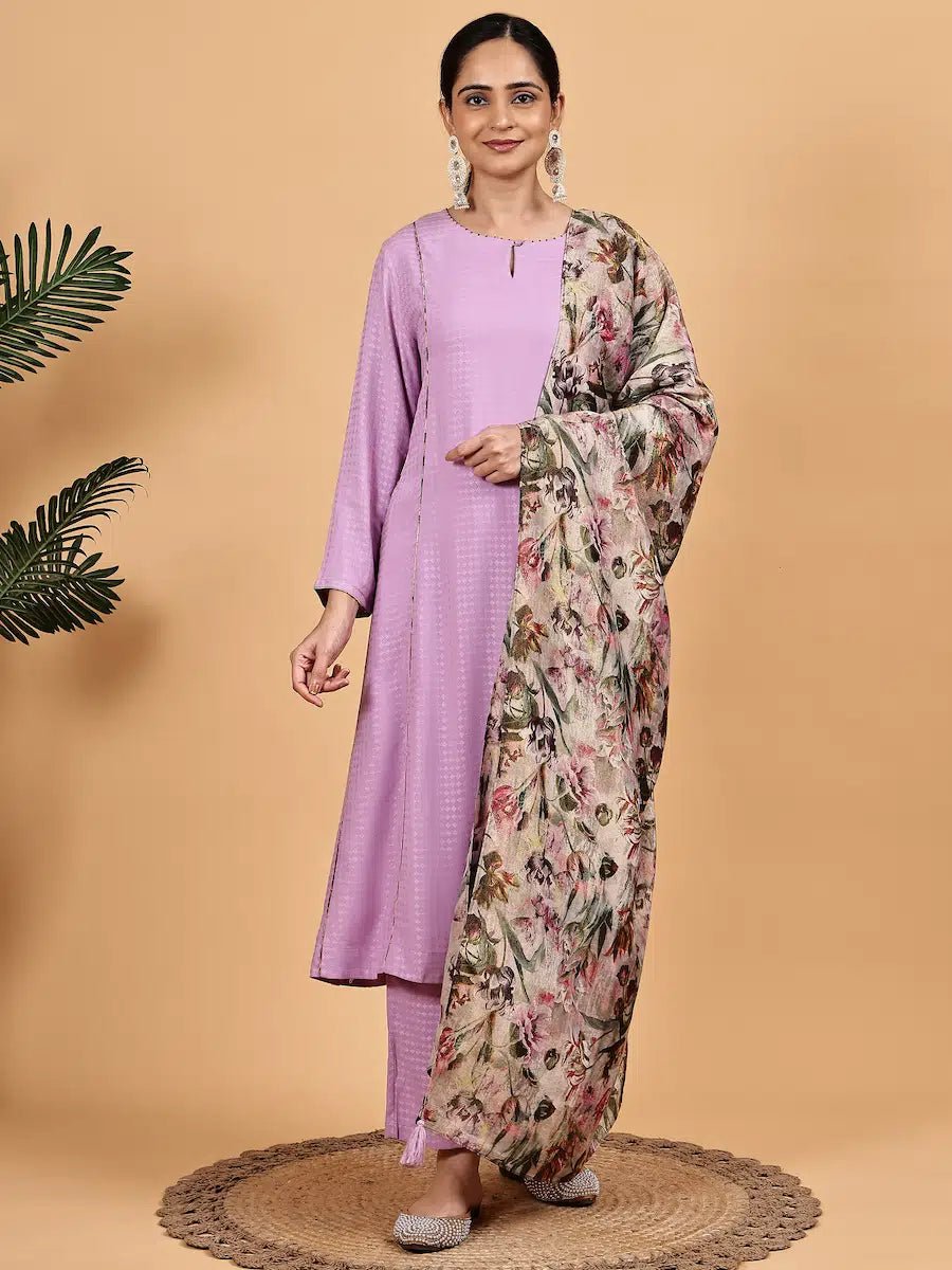 lavender Kurta Set with Floral Dupatta - The Bebla