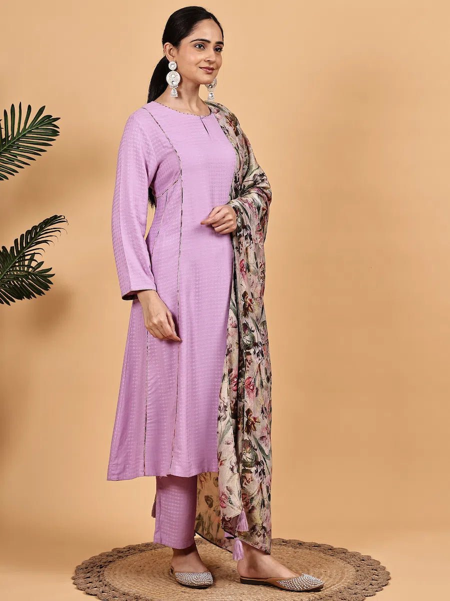 lavender Kurta Set with Floral Dupatta - The Bebla