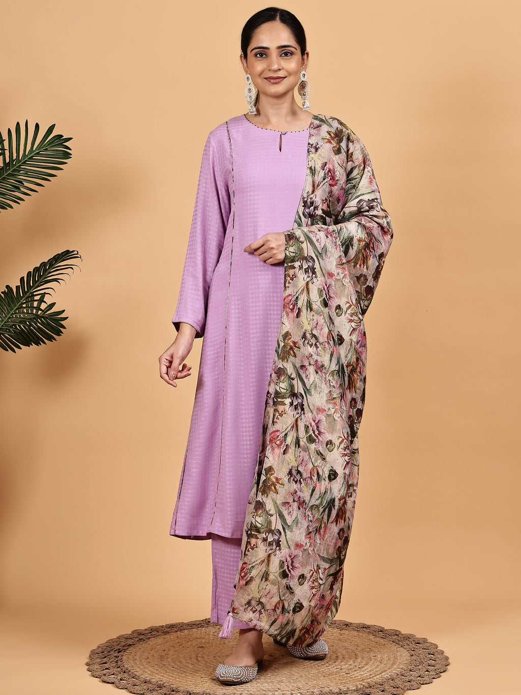 lavender Kurta Set with Floral Dupatta