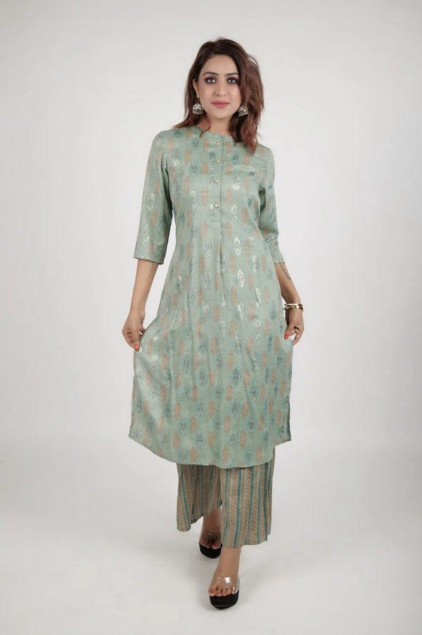 Light green printed kurta along with straight pants