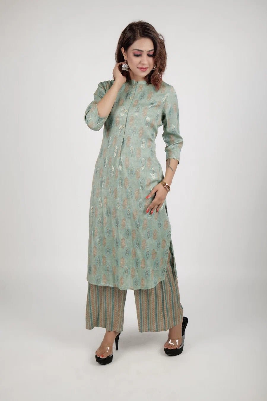 Light green printed kurta along with straight pants - The Bebla