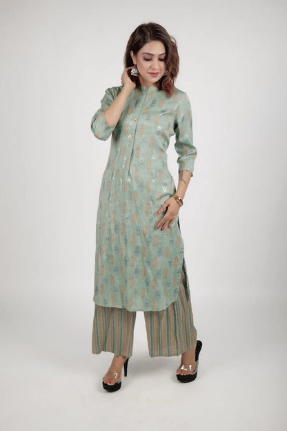 Light green printed kurta along with straight pants - The Bebla