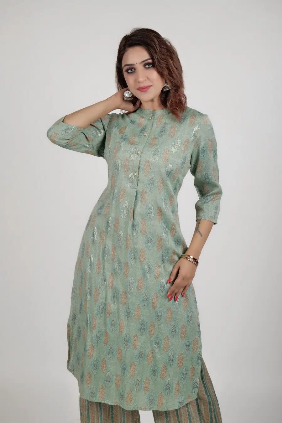 Light green printed kurta along with straight pants - The Bebla