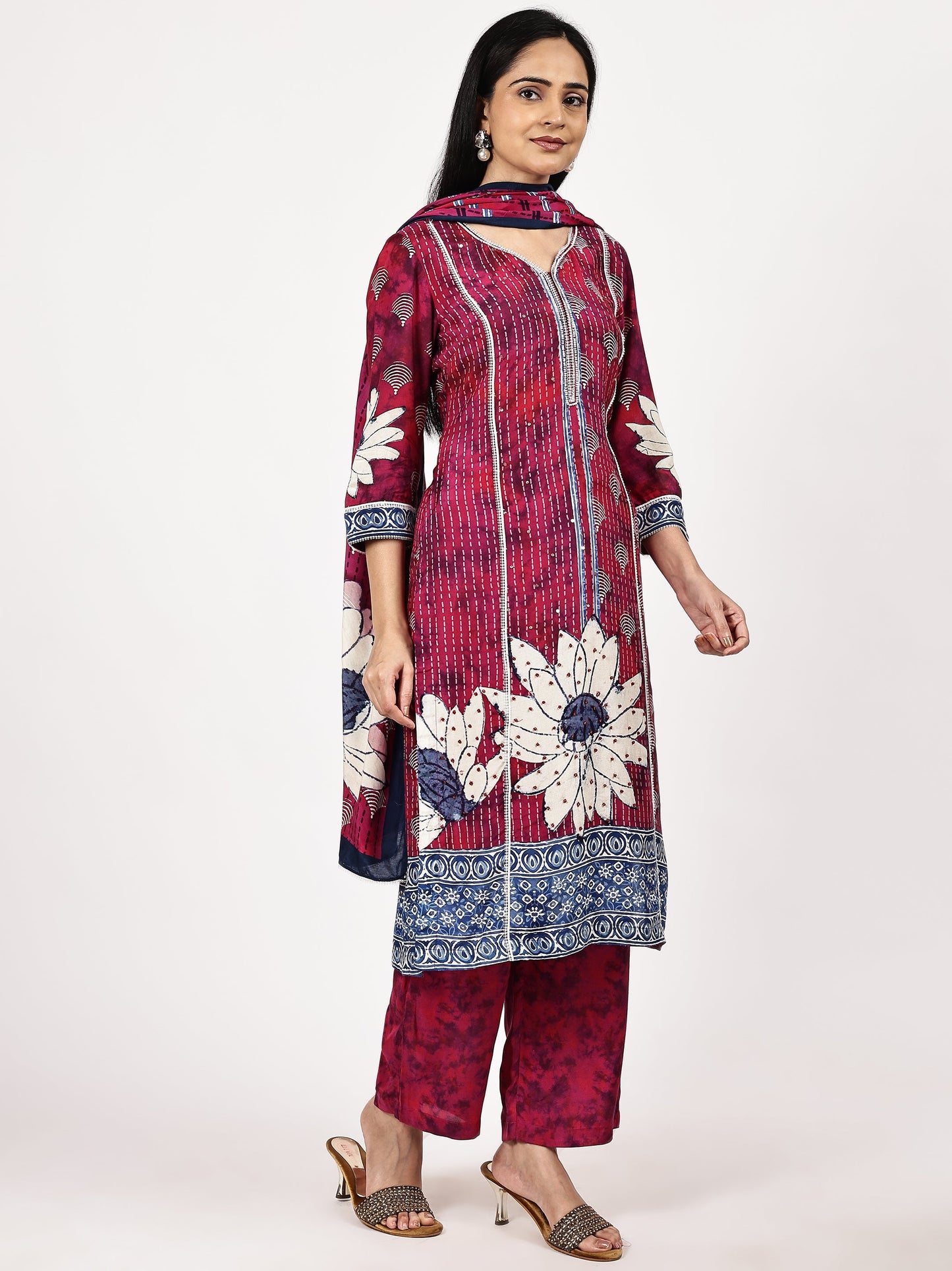 Magenta Floral Printed Kurta Set with Dupatta - The Bebla