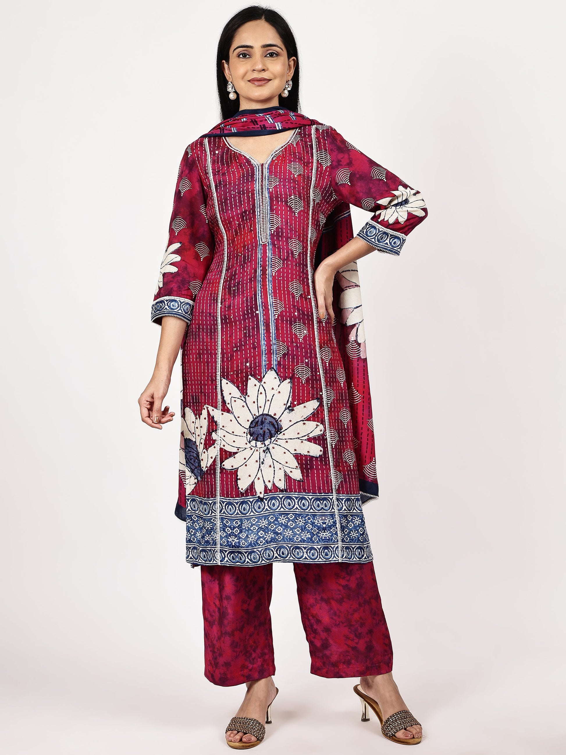 Magenta Floral Printed Kurta Set with Dupatta - The Bebla
