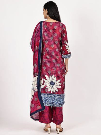Magenta Floral Printed Kurta Set with Dupatta - The Bebla