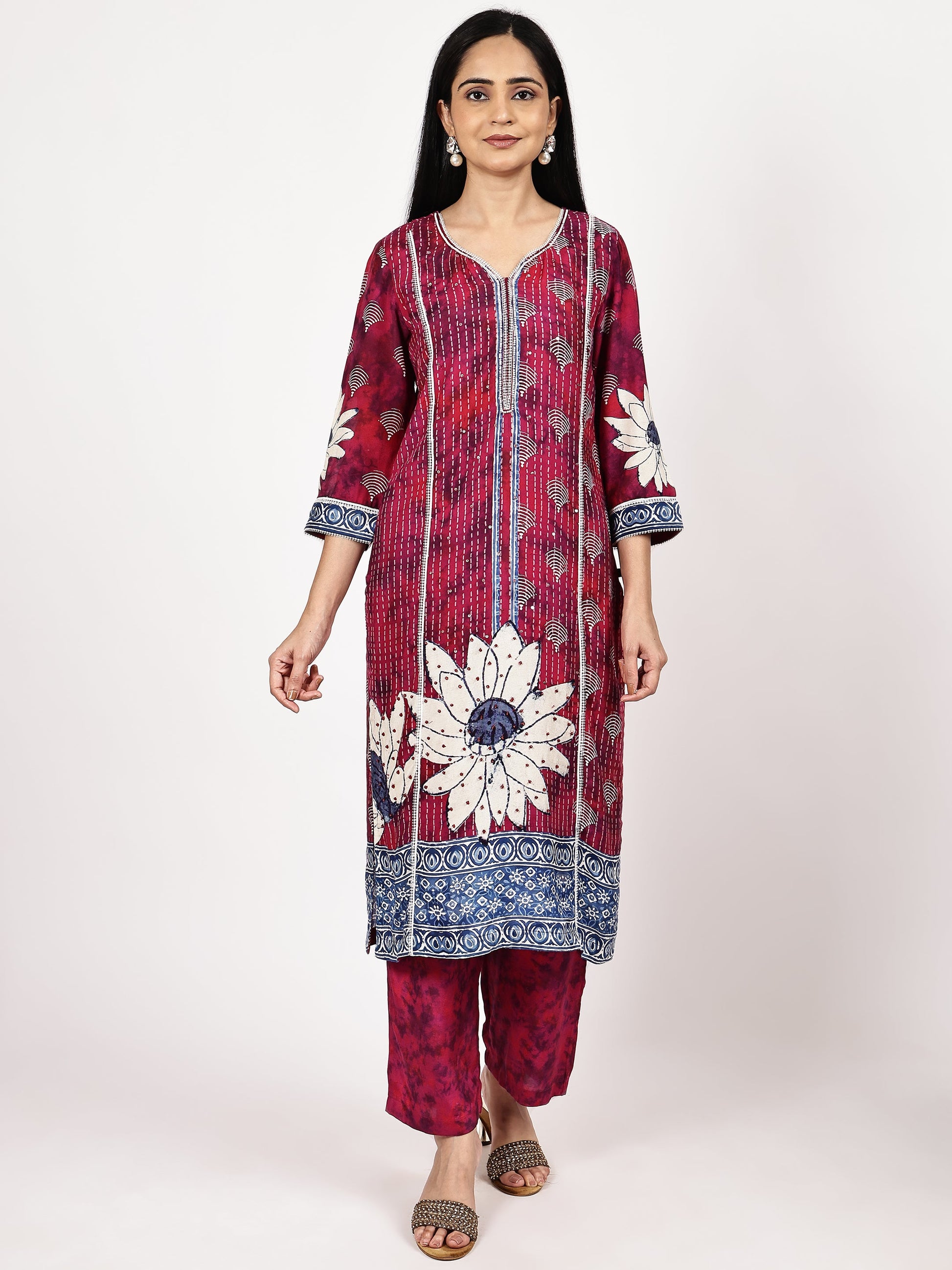 Magenta Floral Printed Kurta Set with Dupatta - The Bebla