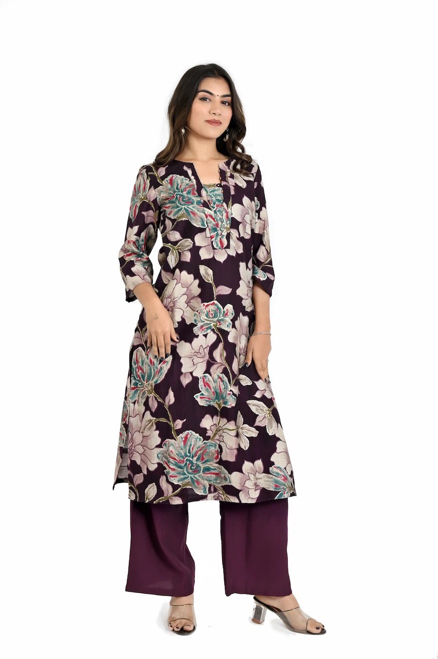 Mahrum-colored printed kurta with straight pants
