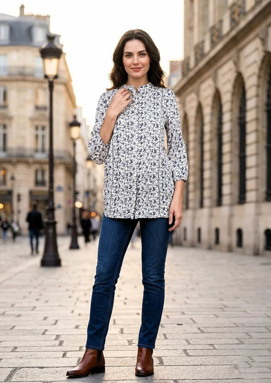 Mandarin collar front open printed shirt - The Bebla