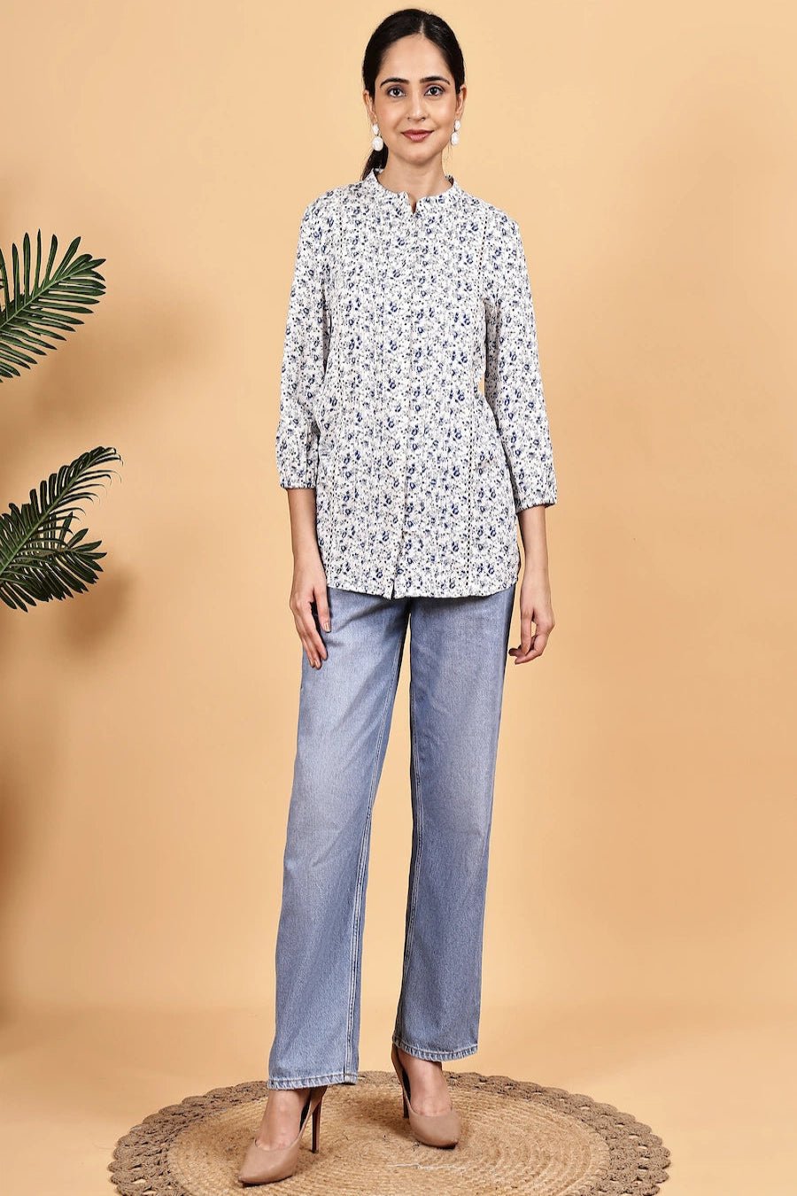 Mandarin collar front open printed shirt - The Bebla