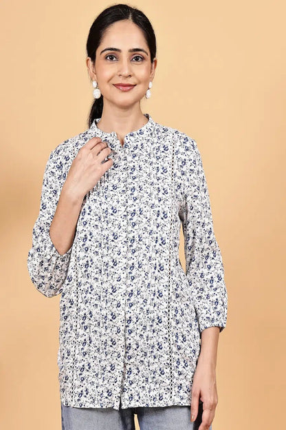 Mandarin collar front open printed shirt - The Bebla