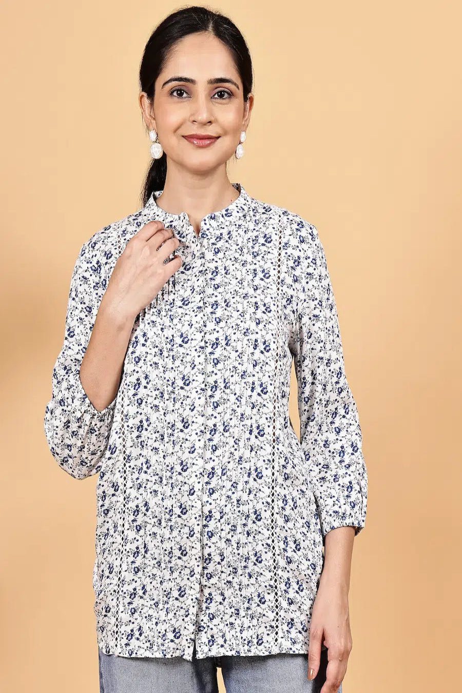 Mandarin collar front open printed shirt