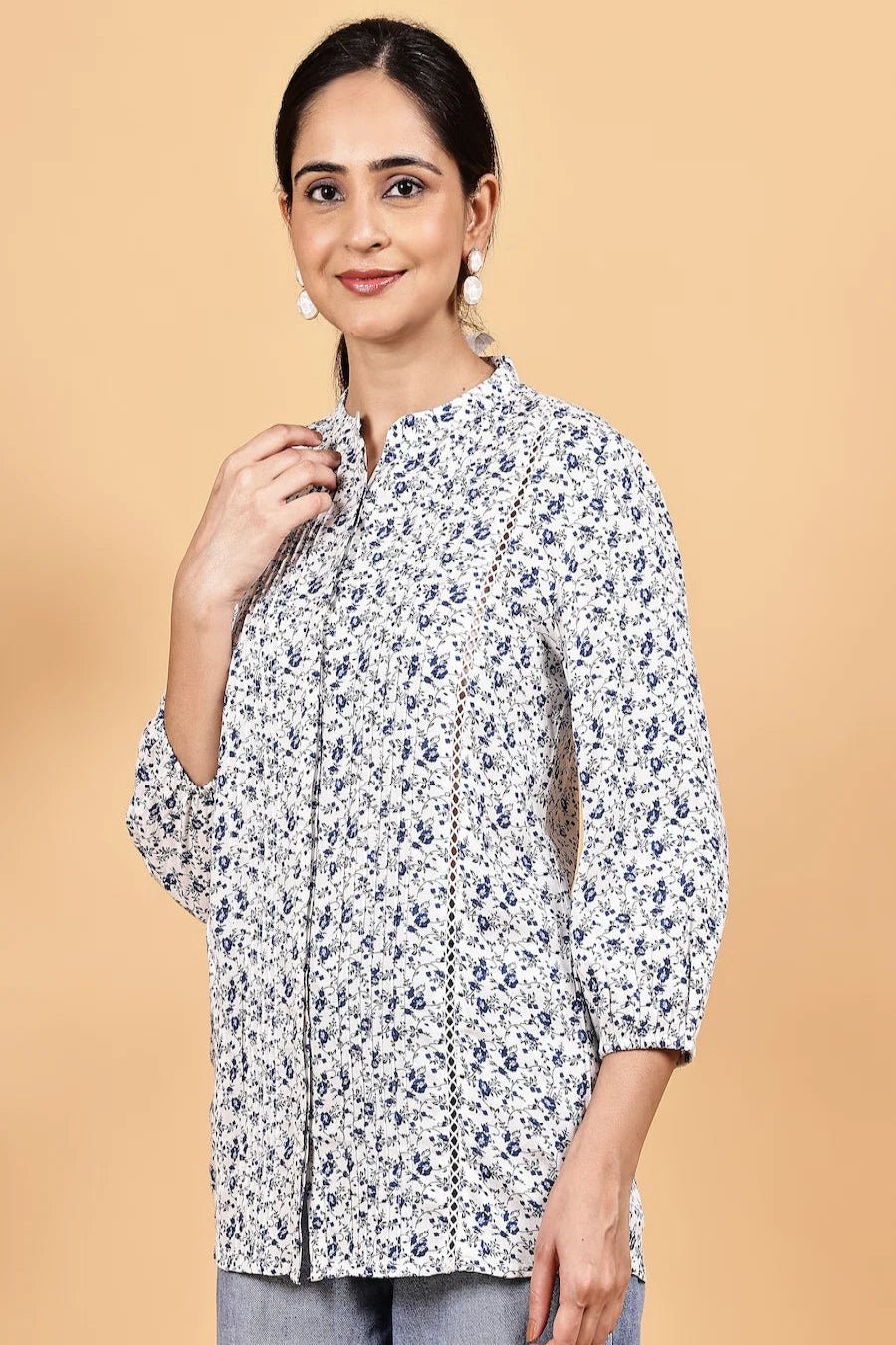 Mandarin collar front open printed shirt - The Bebla