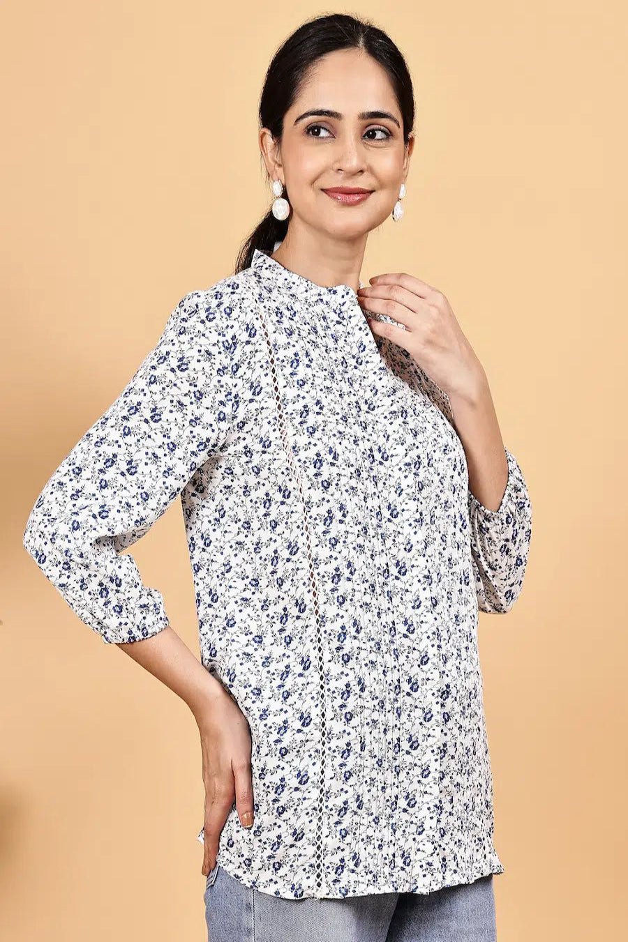 Mandarin collar front open printed shirt - The Bebla
