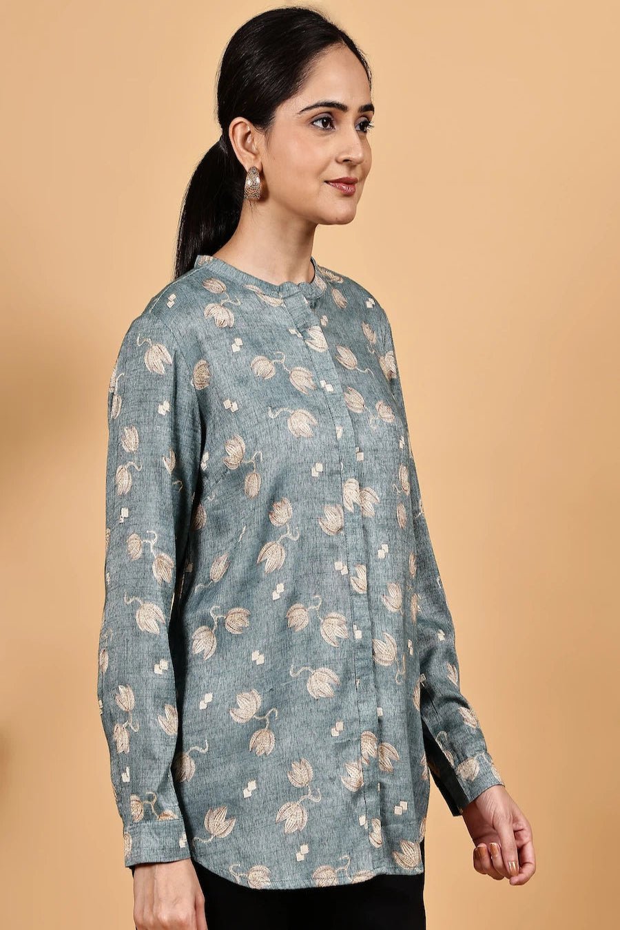 Mandarin collar front opened full sleeve printed shirt - The Bebla