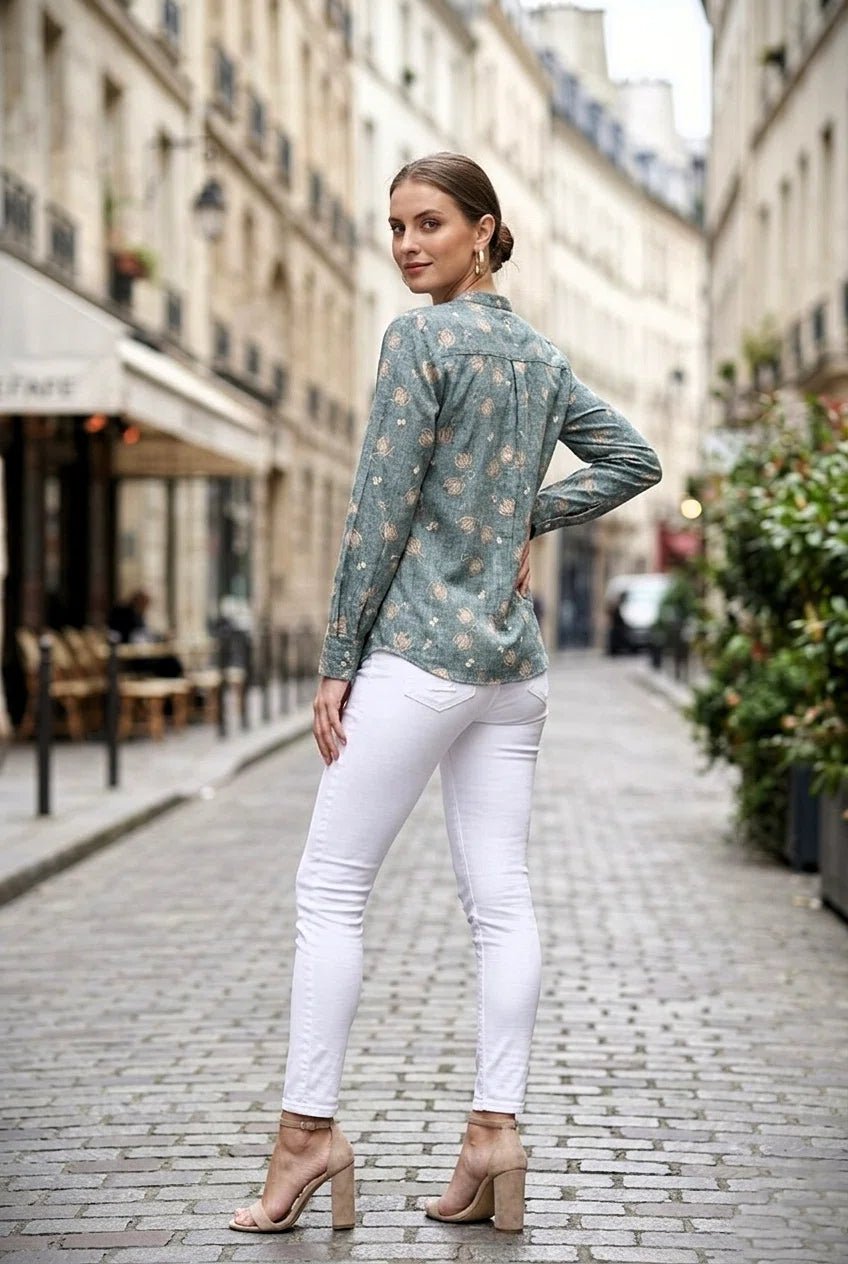 Mandarin collar front opened full sleeve printed shirt - The Bebla