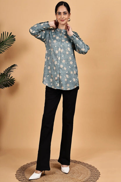 Mandarin collar front opened full sleeve printed shirt - The Bebla