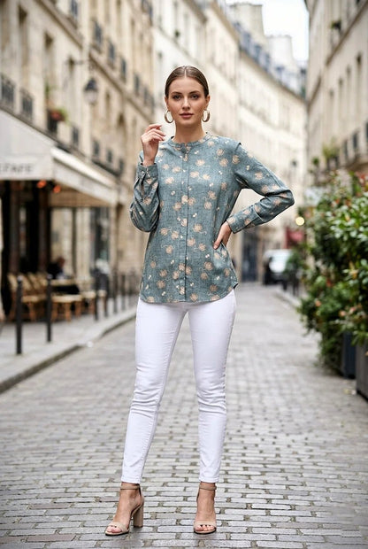 Mandarin collar front opened full sleeve printed shirt - The Bebla