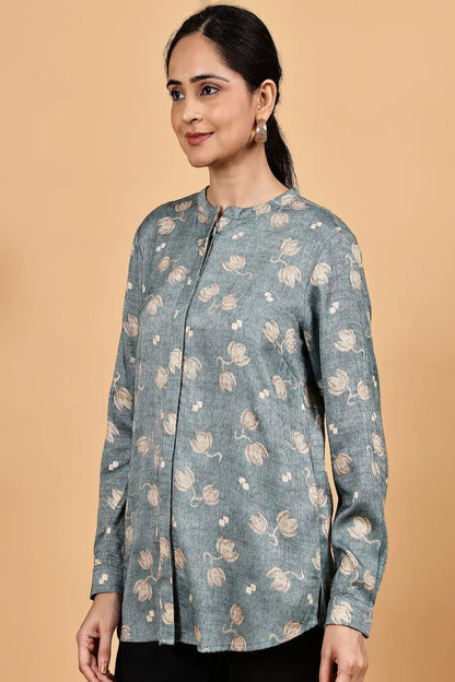 Mandarin collar front opened full sleeve printed shirt - The Bebla