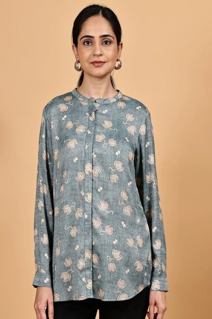 Mandarin collar front opened full sleeve printed shirt - The Bebla