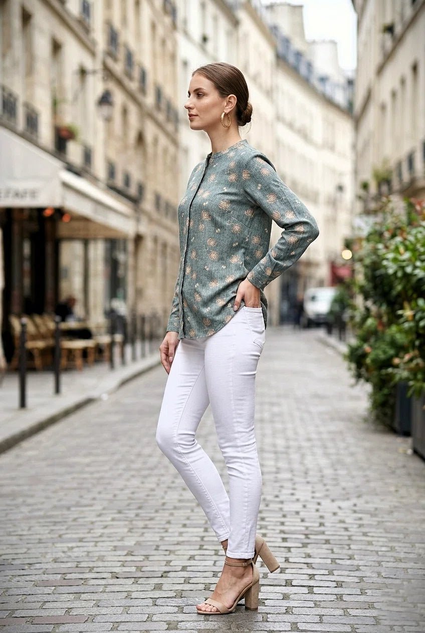 Mandarin collar front opened full sleeve printed shirt - The Bebla