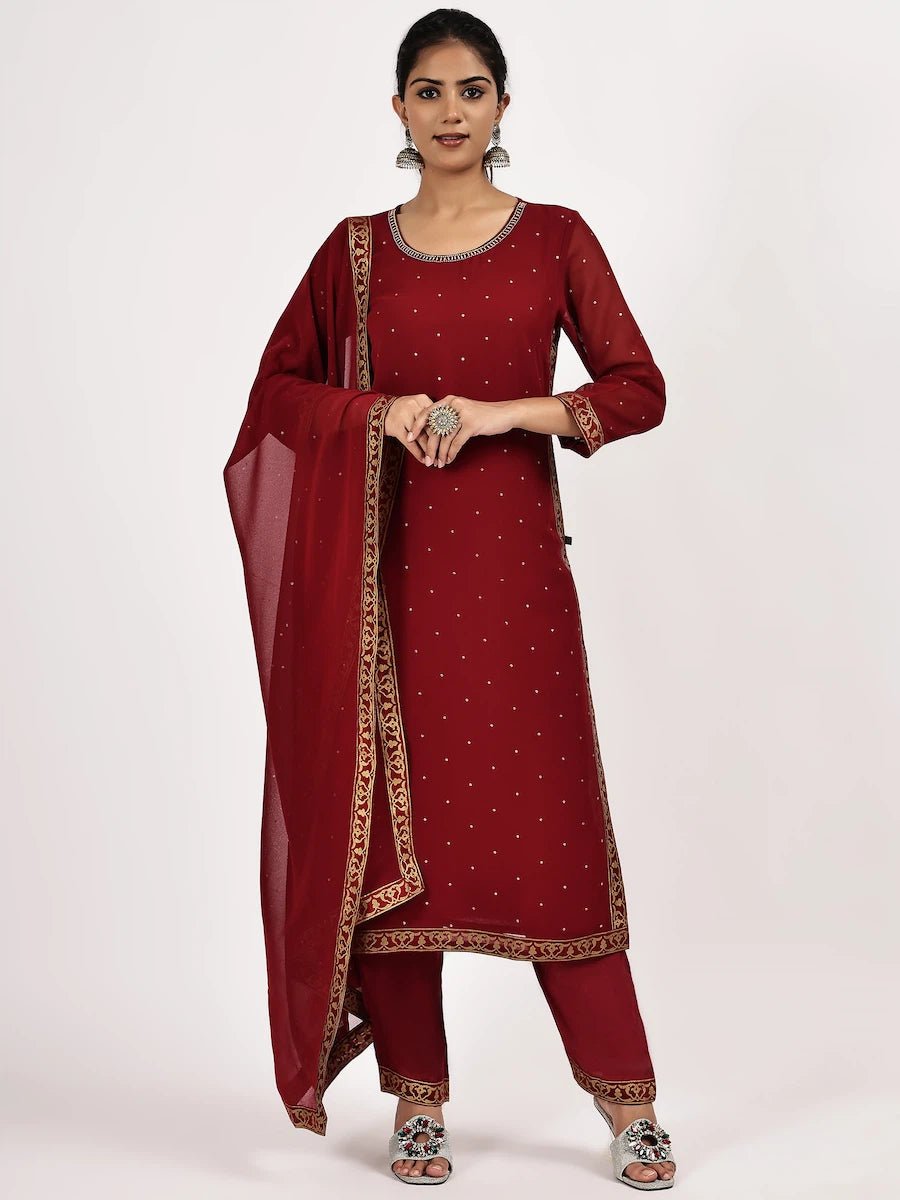 Maroon Embellished Kurta Set with Pants & Dupatta - The Bebla