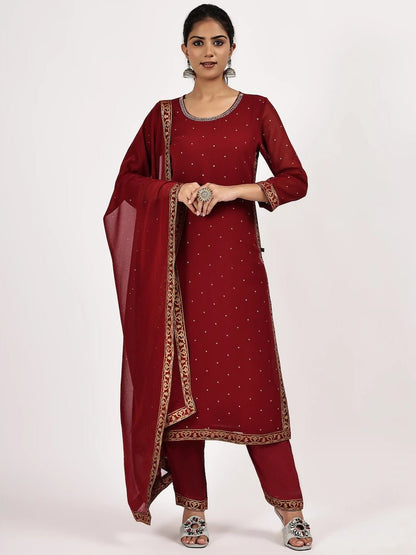 Maroon Embellished Kurta Set with Pants & Dupatta - The Bebla